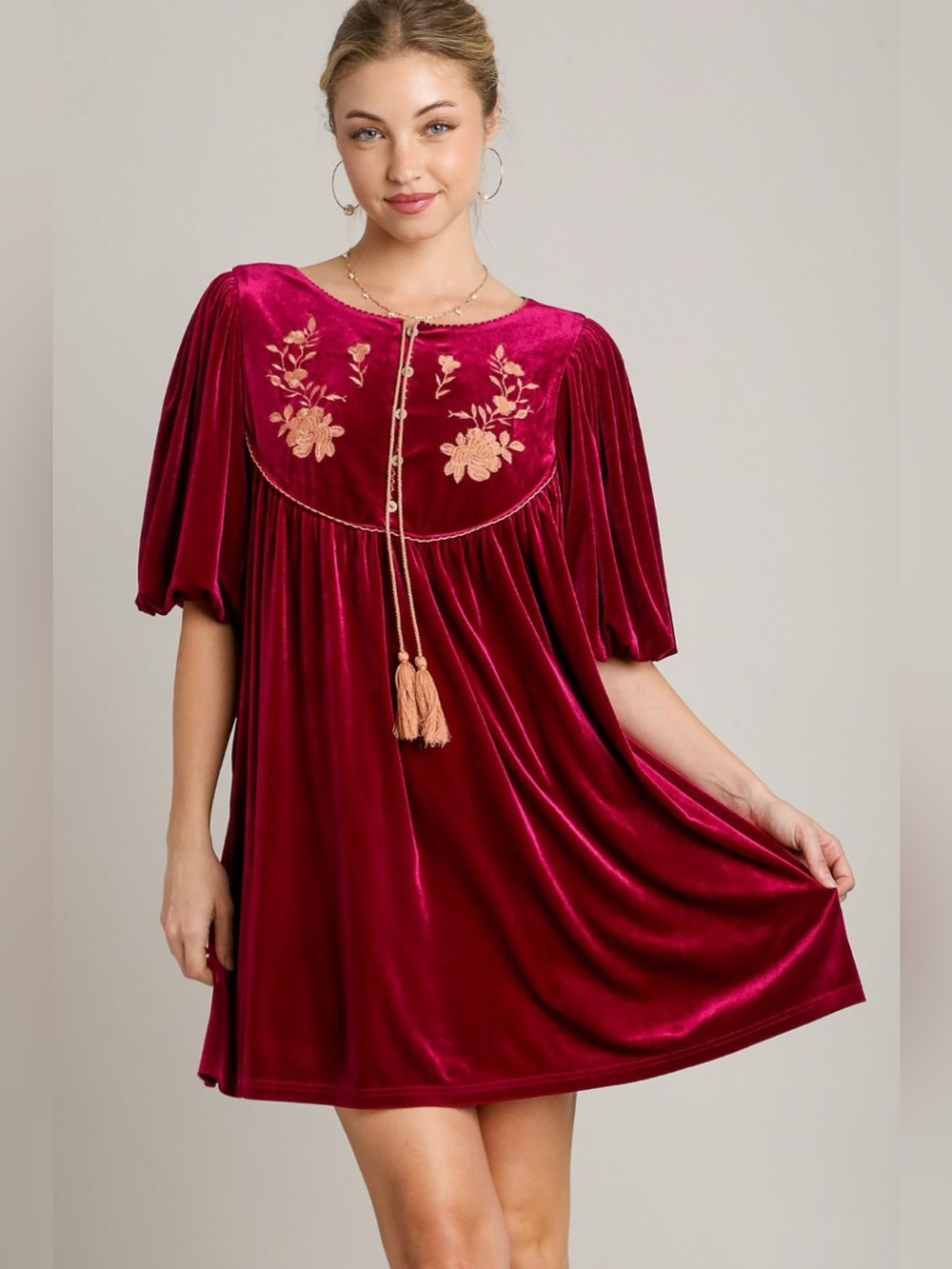 Umgee Embroidered Half Sleeve Velvet Mini Dress with Tassel